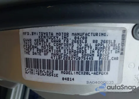 2000 Toyota Avalon Xls из США, поврежденный, VIN 4T1BF28B3YU075445